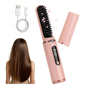 KIIDAS cordless straightener brush front view, compact travel-ready design for on-the-go styling.
