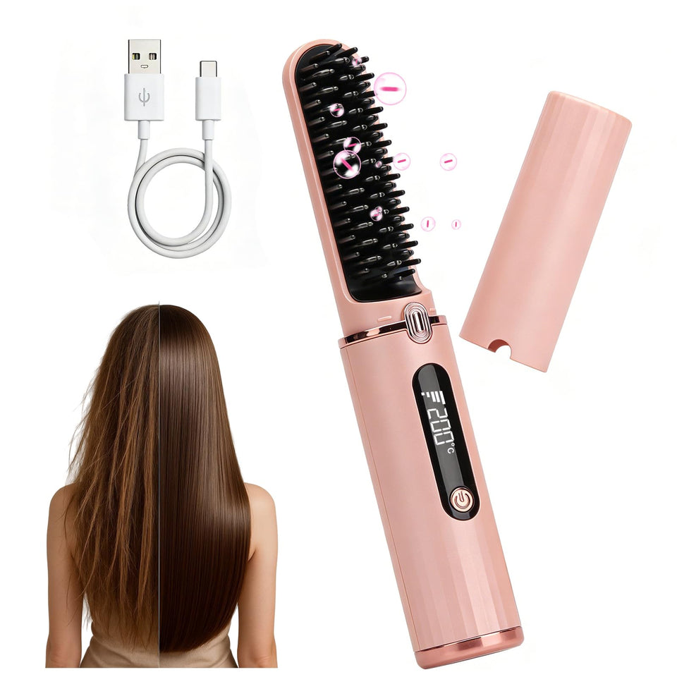 KIIDAS cordless straightener brush front view, compact travel-ready design for on-the-go styling.
