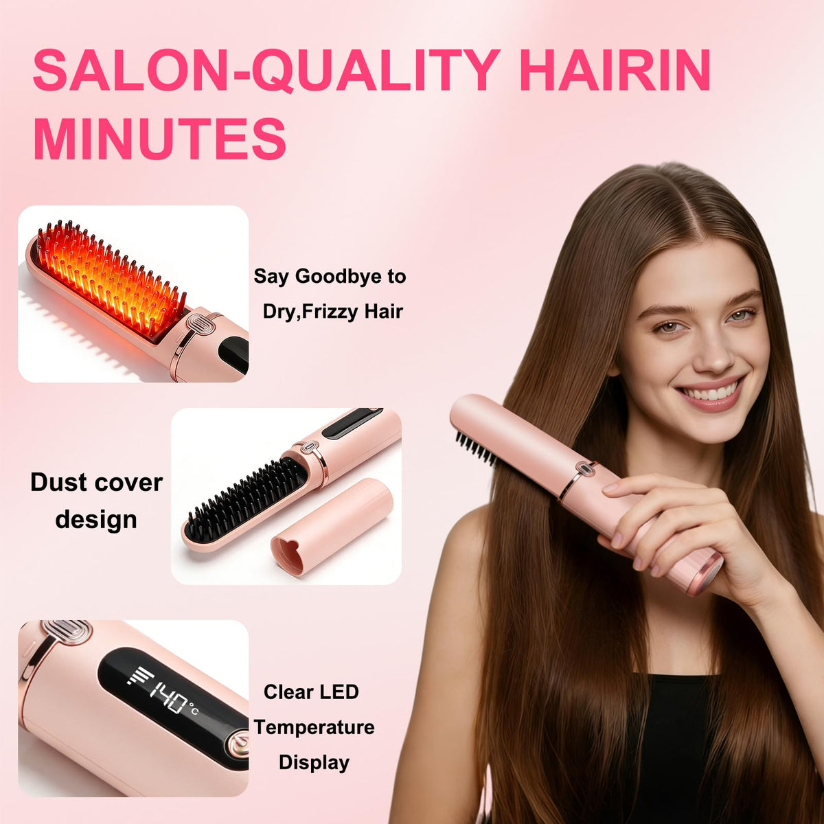KIIDAS cordless straightener brush LED display for quick heat-up and easy control.