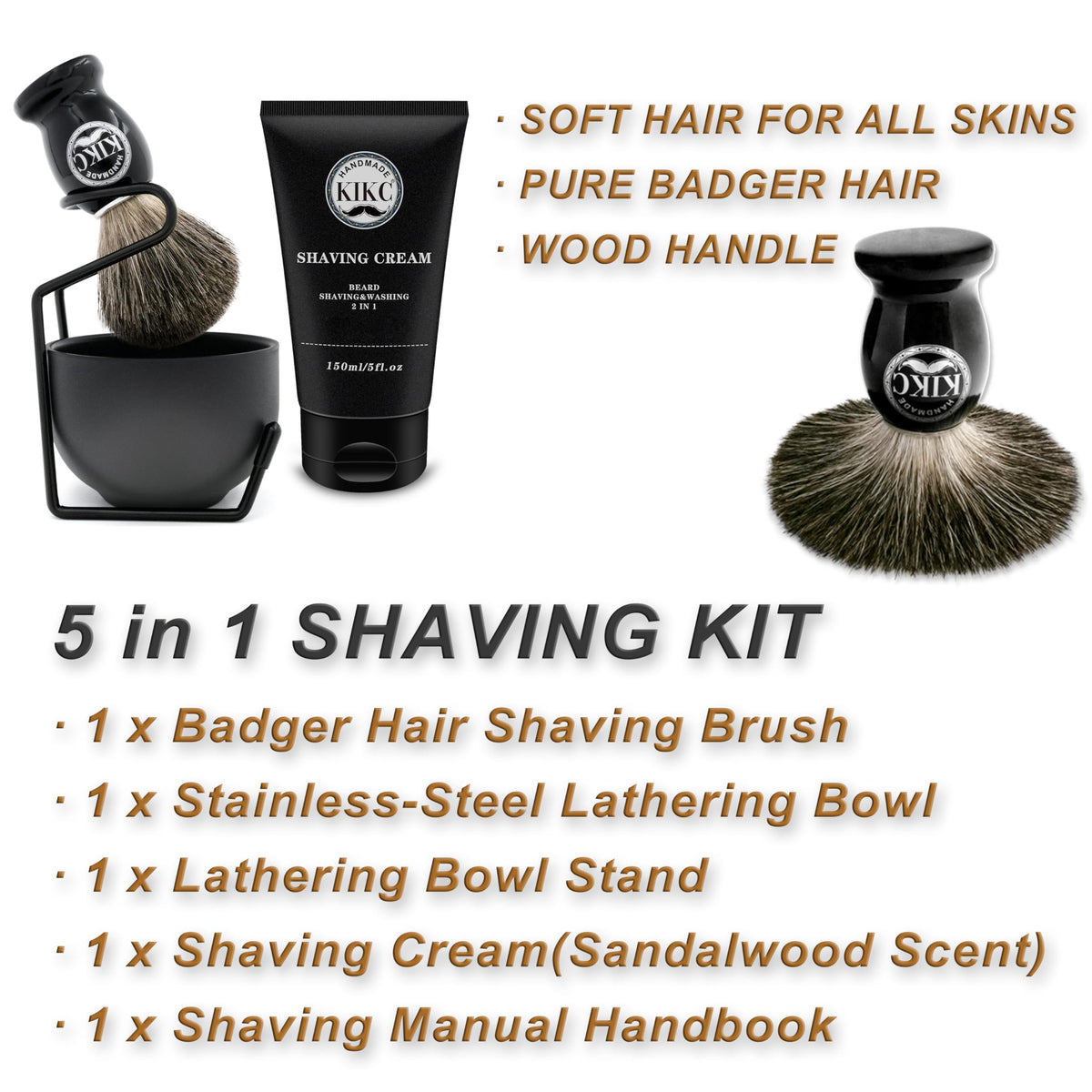KIKC 5 in 1 shaving kit soap bowl with stainless steel cup for rich lather.