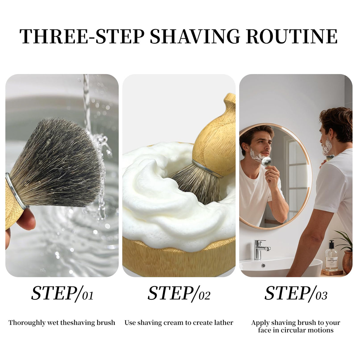 Kikc bamboo shaving stand hanging saves shelf space and air dries brushes.