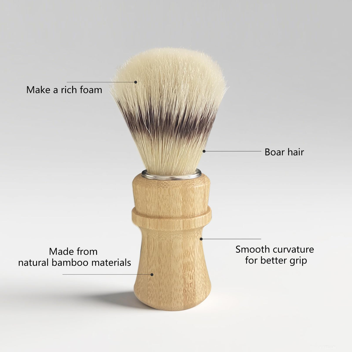 Kikc bamboo stand holding shaving brush promotes air-drying longevity.