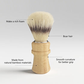 Kikc bamboo stand holding shaving brush promotes air-drying longevity.