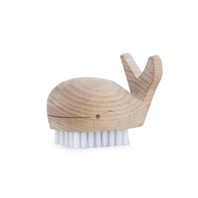 Kikkerland whale scrub brush with beechwood handle for hand washing and nail care.