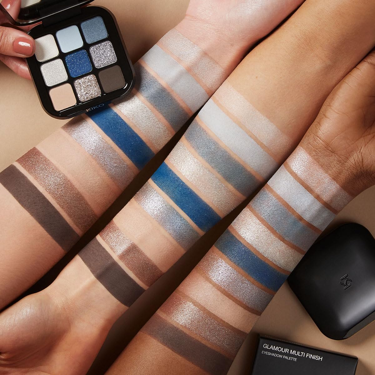 KIKO MILANO Glamour Multi Finish palette with included brush for seamless blending.