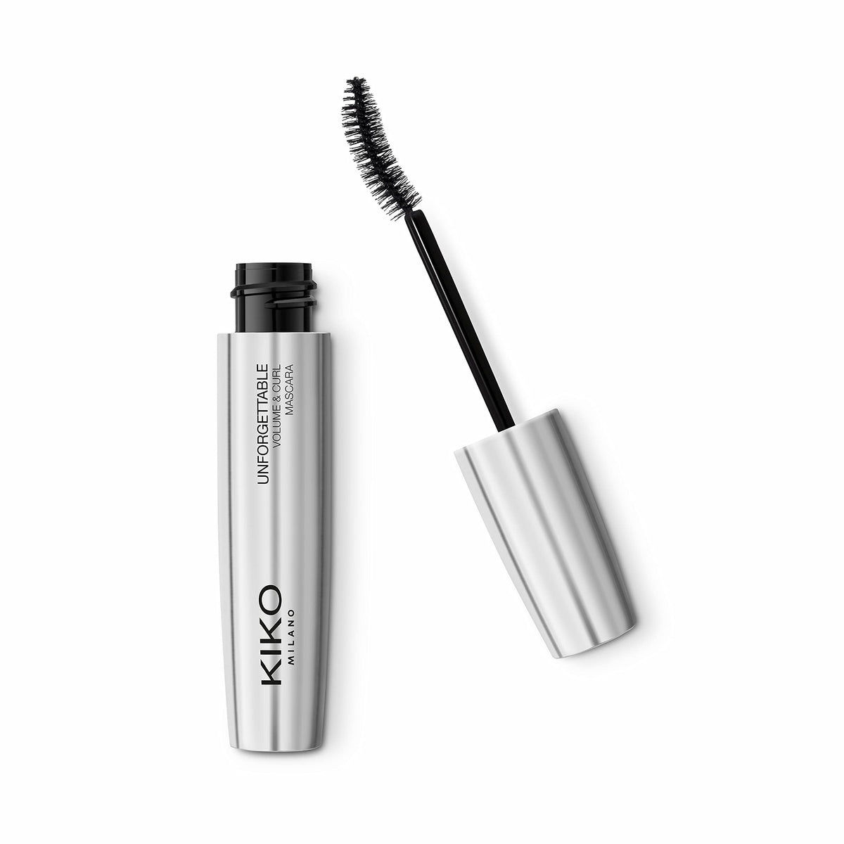 Kiko Milano Unforgettable Volume & Curl Mascara with anatomical brush for precise lift.