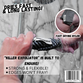 Killer Exfoliator pink with extra-rough texture for targeted body exfoliation.