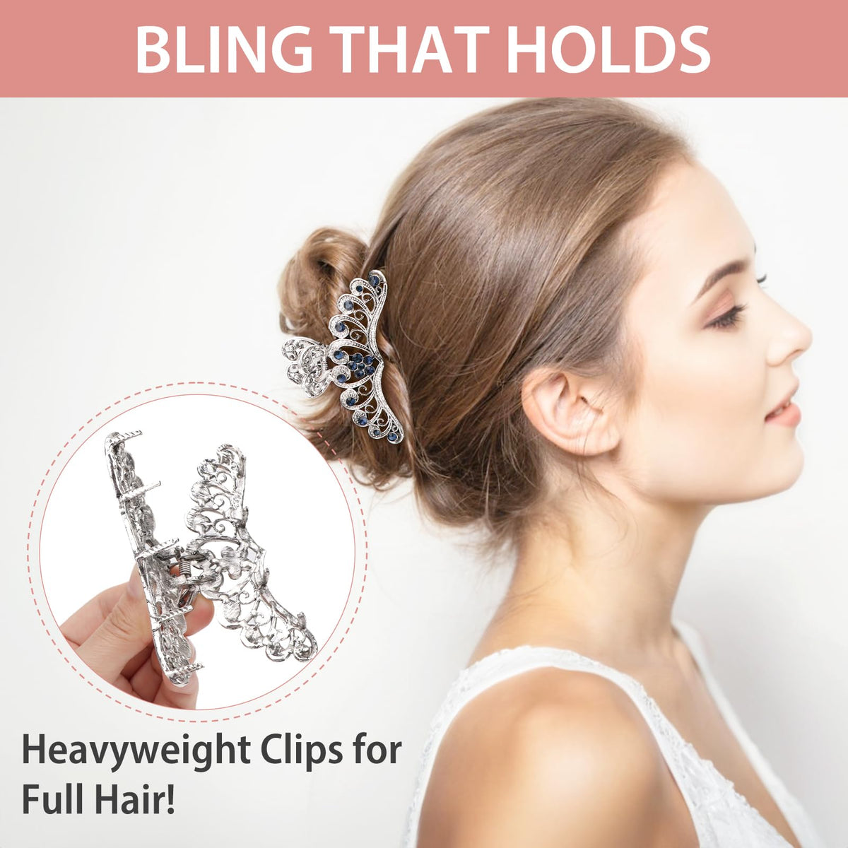 Kilofly vintage crystal hair clip with interlocking teeth for slip-free grip