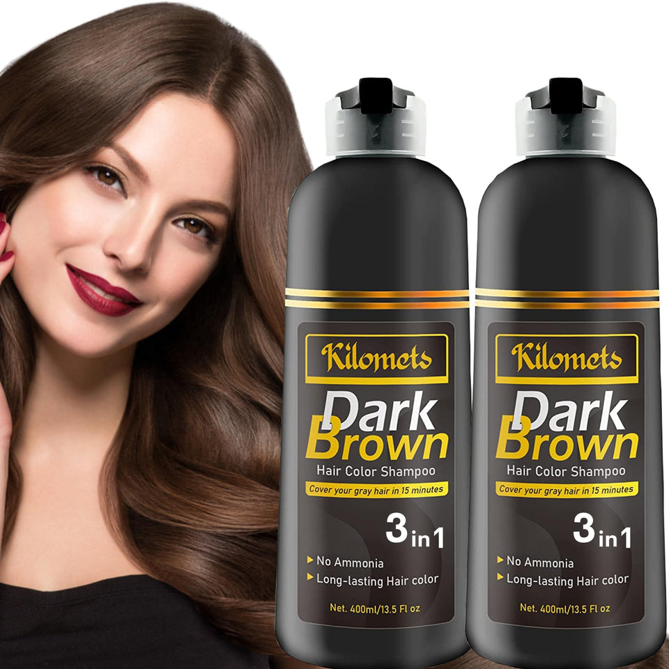 Kilomets Dark Brown Hair Dye Shampoo bottle for easy at-home color without ammonia