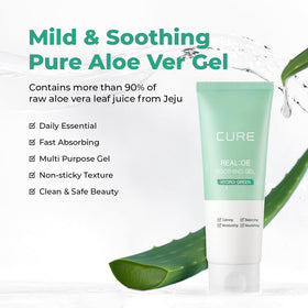 Close-up label of Kim Jeong Moon CURE Aloe Gel highlighting clean ingredients.