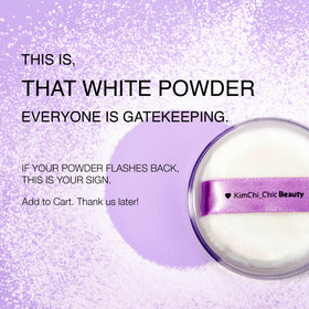 KimChiChic Mini Me White Powder Set bottle close-up emphasizes ultra-fine texture for natural mattification