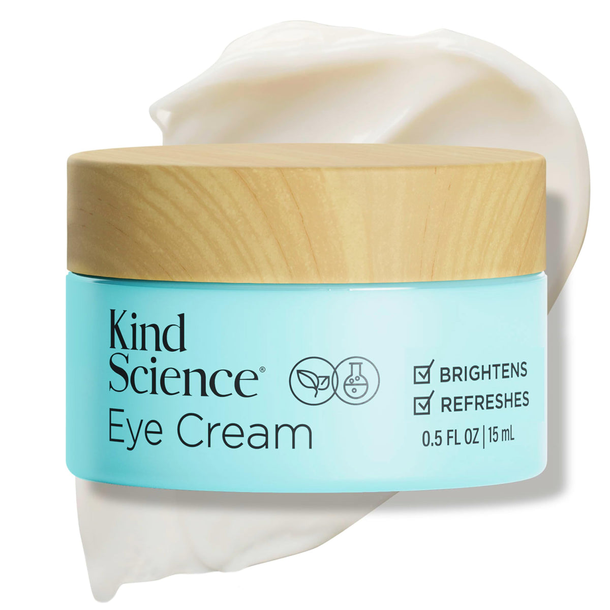 Kind Science Eye Cream bottle close-up highlighting hydration for the eye area.