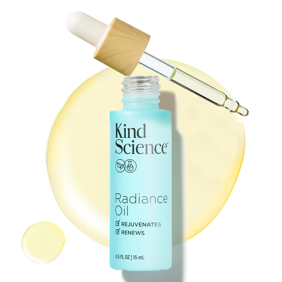 Kind Science Radiance Oil bottle showing a hydrating glow for skin