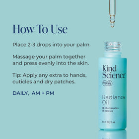 Packaging of Kind Science Radiance Oil highlighting vegan cruelty-free branding