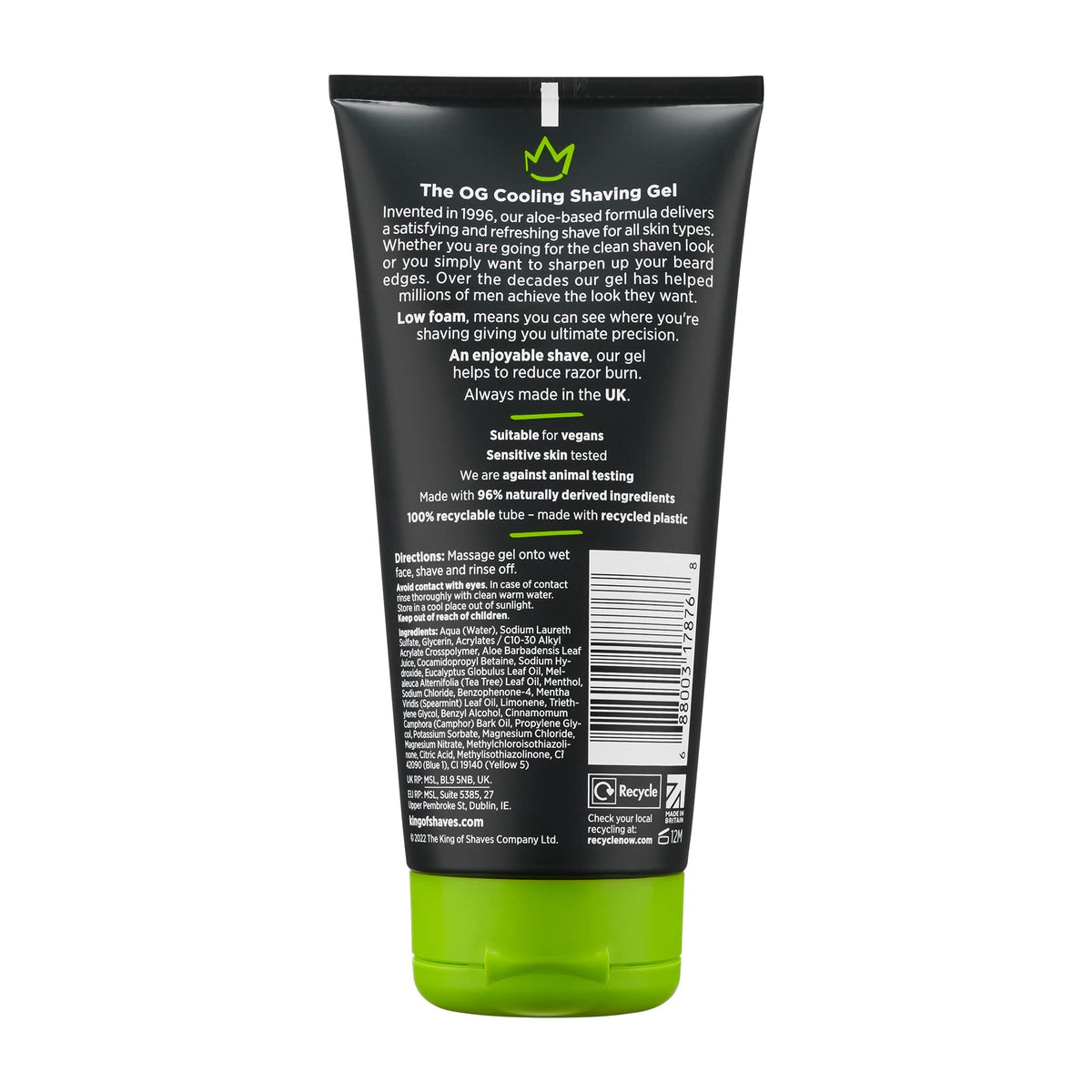 King of Shaves Cooling Shave Gel Aloe Tea Tree bottle close-up highlighting menthol freshness for a cool start
