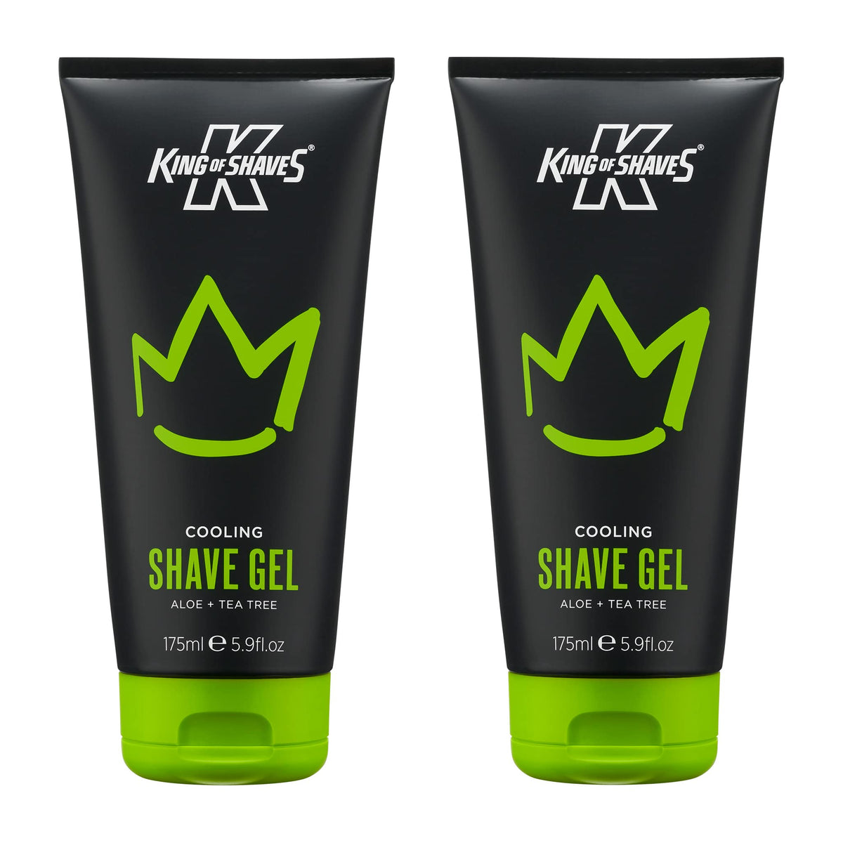 King of Shaves cooling shave gel bottle shows aloe-tea tree formula for precise, smooth shaving