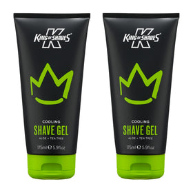 King of Shaves cooling shave gel bottle shows aloe-tea tree formula for precise, smooth shaving