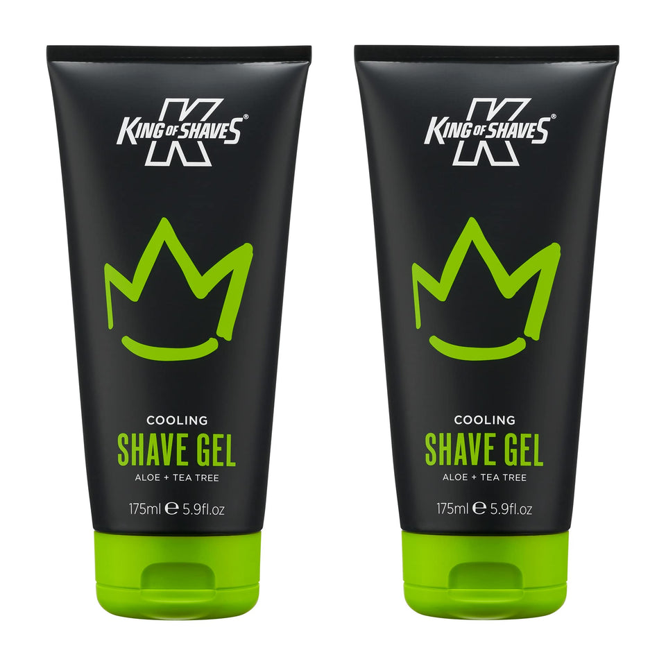 King of Shaves cooling shave gel bottle shows aloe-tea tree formula for precise, smooth shaving