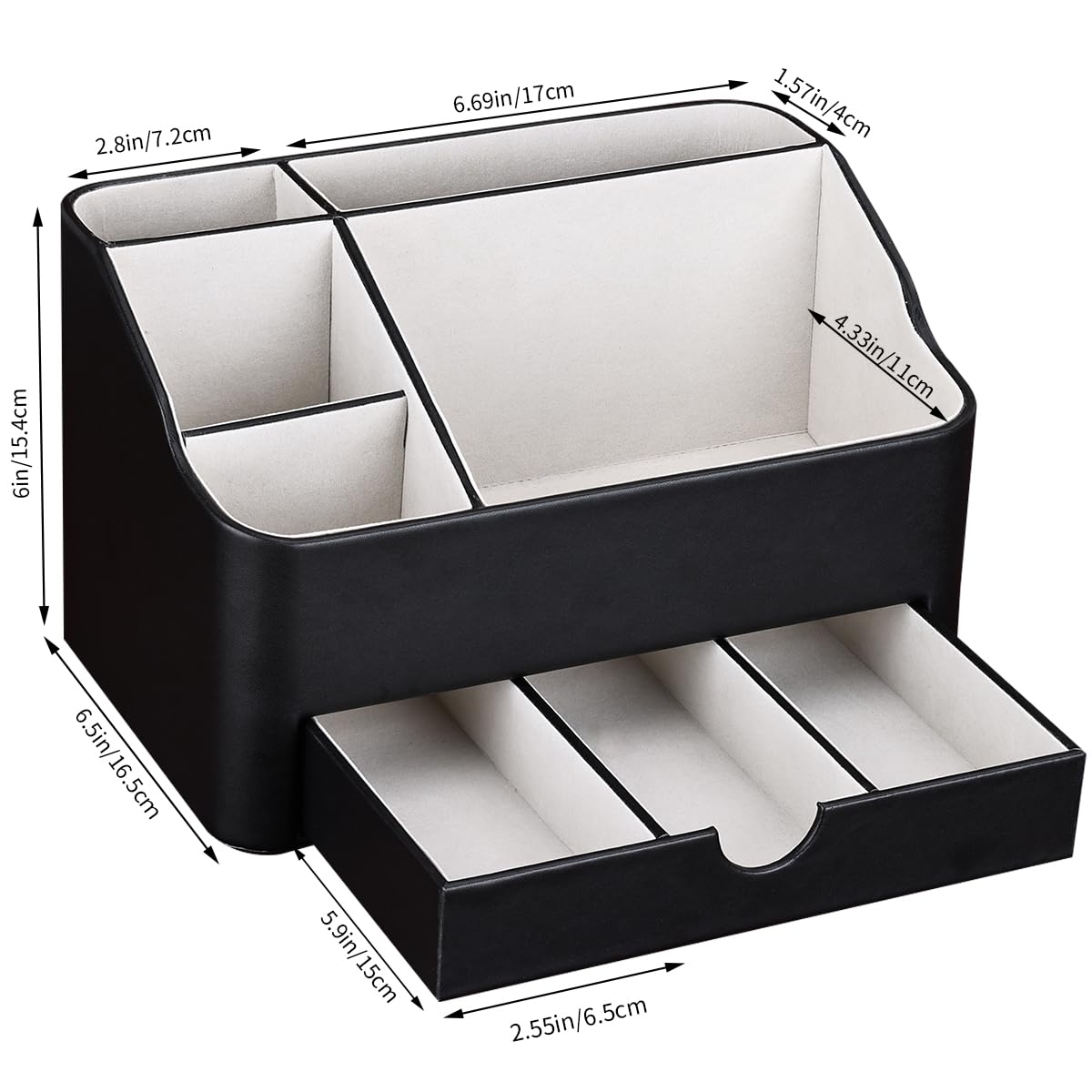 KINGFOM black vanity organizer on countertop — sturdy PU leather exterior, easy to wipe clean.
