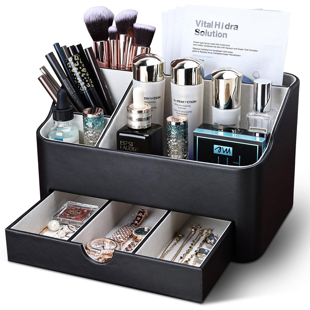 KINGFOM leather makeup organizer with drawer — five compartments and a soft interior keep cosmetics organized.