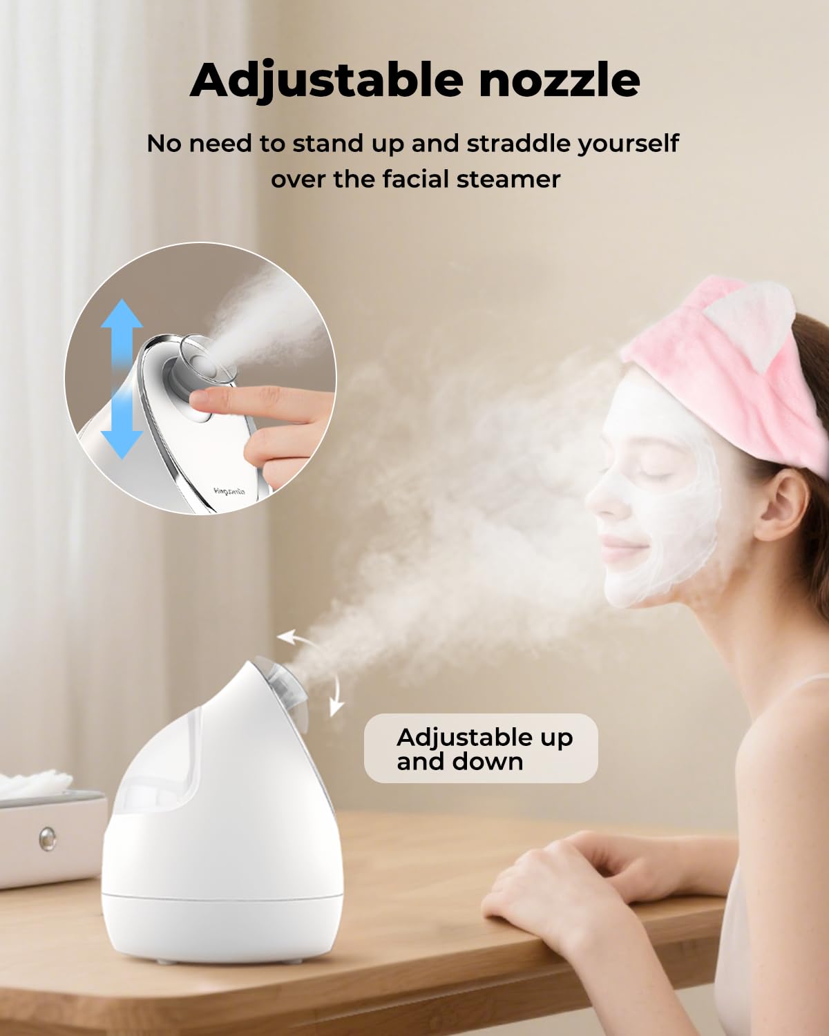 Kingsmile adjustable nozzle directs gentle steam for comfortable hands-free sessions.