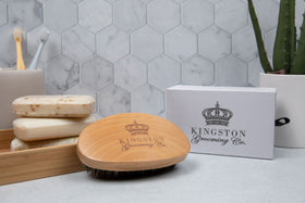 Kingston Grooming Co Original Wave Brush wooden handle offers comfortable grip.