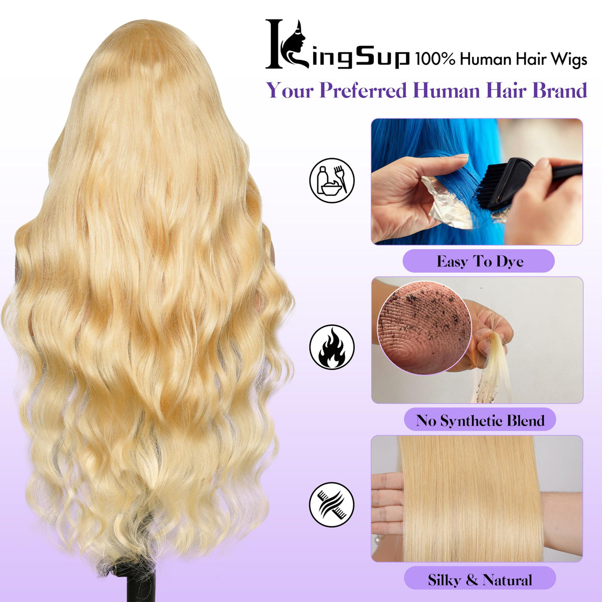 KingSup 613 lace-front wig 250-density blonde for full, voluminous styling.