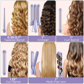 Kinked 5-in-1 tapered curling wand helps you shape defined curls with control