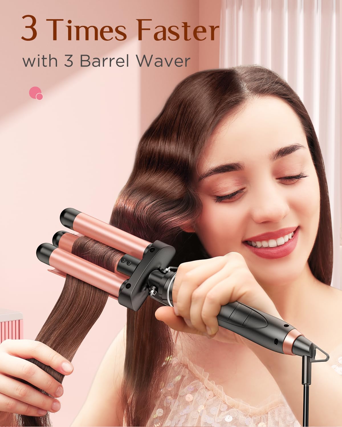 Kinked triple-barrel waver creating beachy waves with even heat.