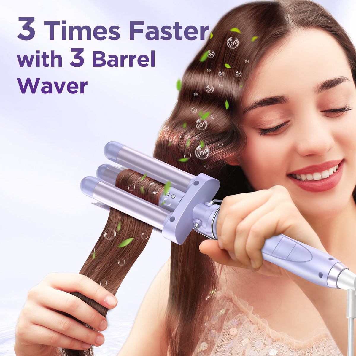Kinked 5-in-1 triple-barrel waver creates soft, natural waves with even heat