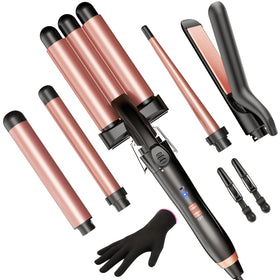 Kinked 5-in-1 wand set with 1in straightener for smooth straight styles.