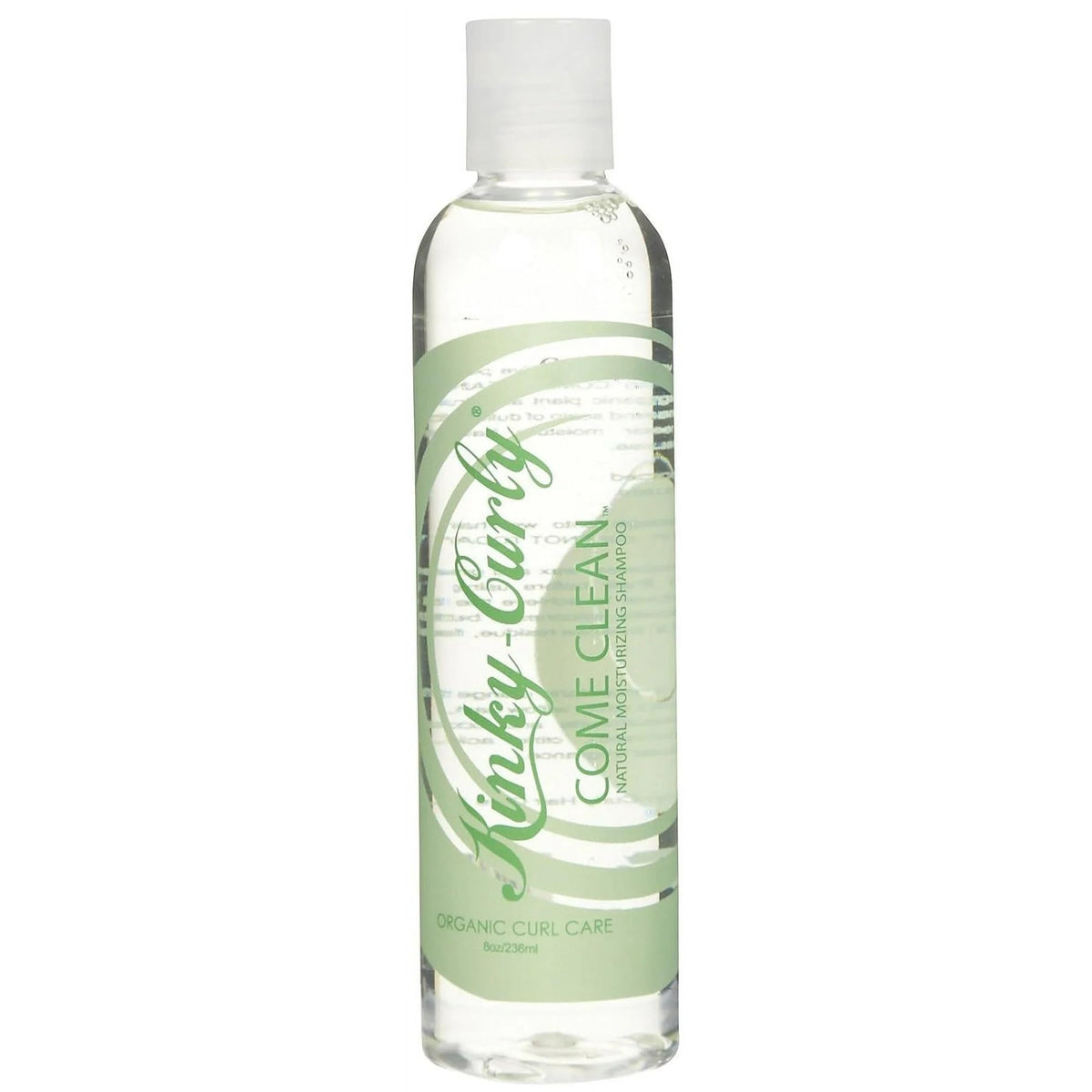 Kinky Curly Original Come Clean Shampoo bottle demonstrates chelating action against mineral buildup.
