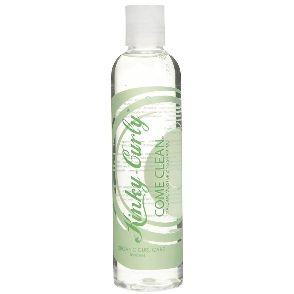 Kinky Curly Original Come Clean Shampoo bottle demonstrates chelating action against mineral buildup.