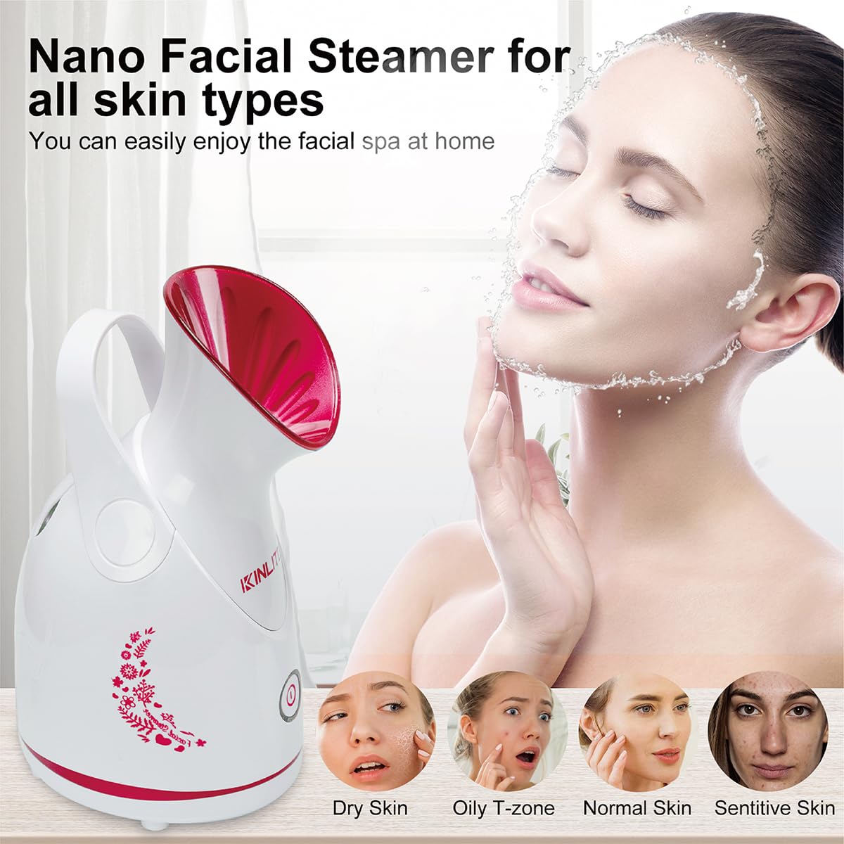 KINLITO facial steamer Rose Red aromatherapy compartment in use