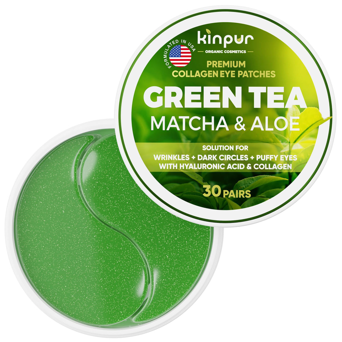 Kinpur Organic Under Eye Patches pack close-up showing green hydrogel formula for refreshed eyes.