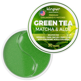 Kinpur Organic Under Eye Patches pack close-up showing green hydrogel formula for refreshed eyes.