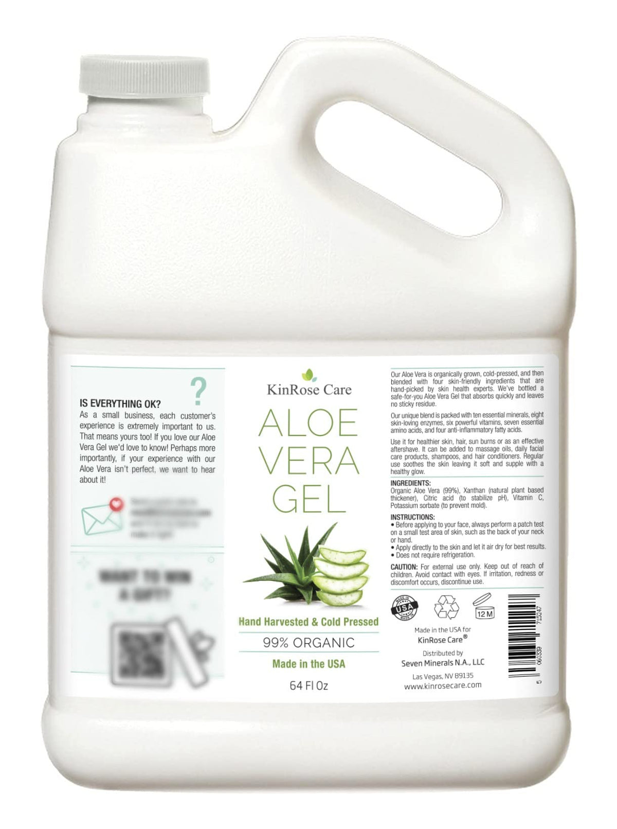 KinRose Care Aloe Vera Gel closeup bottle highlights bulk packaging.
