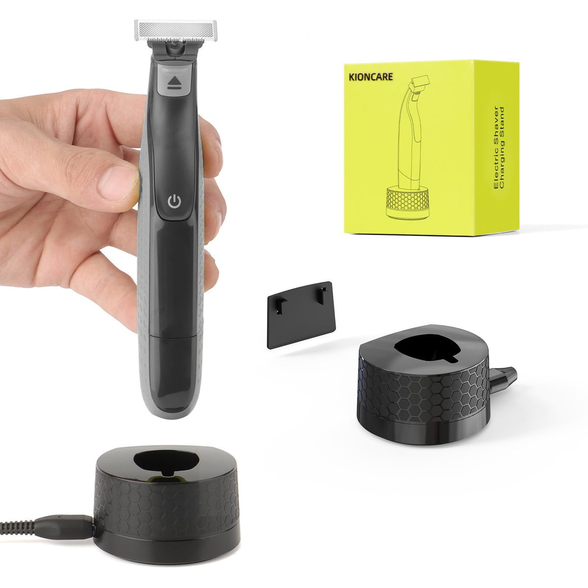 KIONCARE shaver stand on a flat surface keeping OneBlade within reach