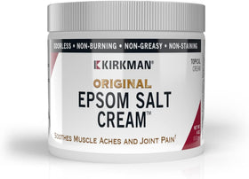 Kirkman Epsom Salt Cream 4oz jar shows a smooth, non-greasy texture for daily use.