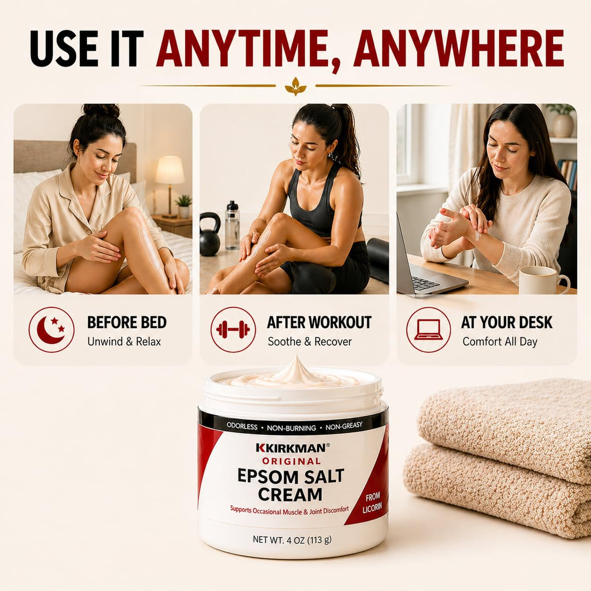 Kirkman Epsom Salt Cream casein-free formulation supports sensitive dietary preferences.