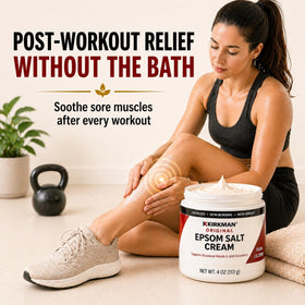 Kirkman Epsom Salt Cream ingredients highlight gluten-free and casein-free formula.