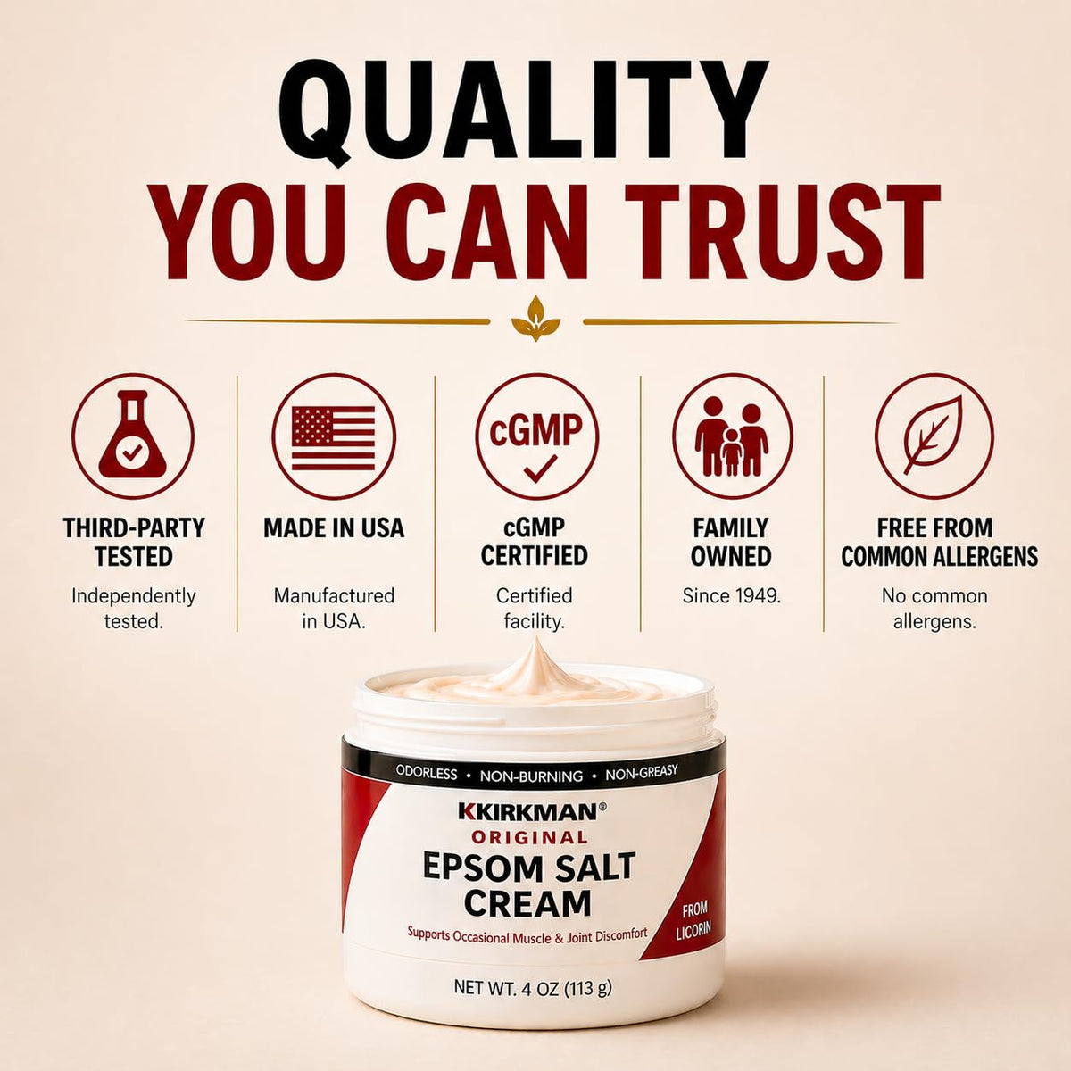 USA-tested seal visible on Kirkman Epsom Salt Cream packaging.