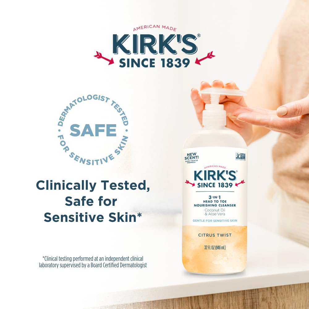 Kirks 3-in-1 32-ounce pump bottle fits on most vanities.