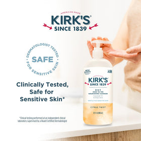 Kirks 3-in-1 32-ounce pump bottle fits on most vanities.