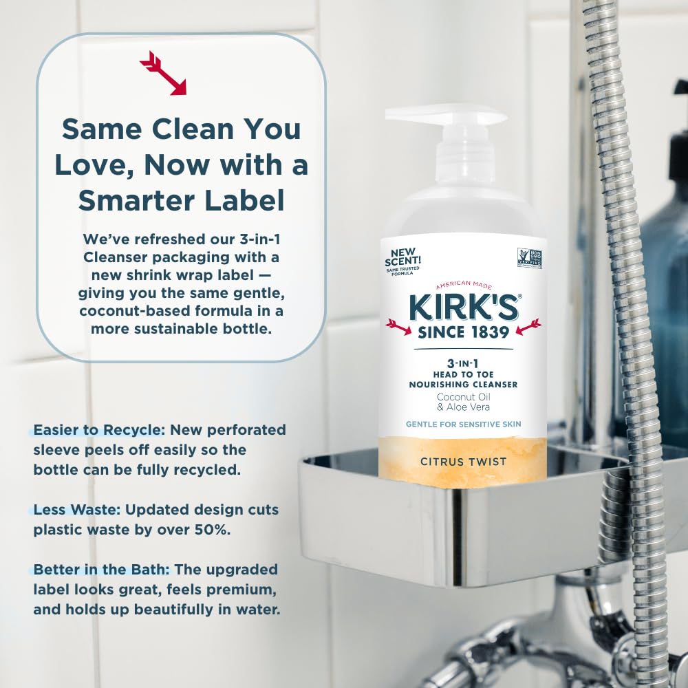 Kirks 3-in-1 American-made brand label highlights trust.