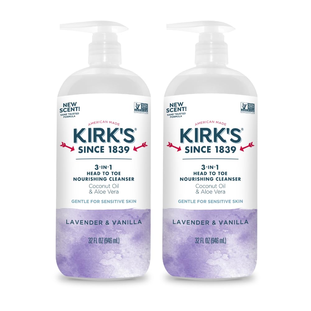 Kirks 3-in-1 cleanser bottle front with lavender-vanilla scent for all family skin types