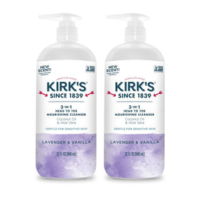 Kirks 3-in-1 cleanser bottle front with lavender-vanilla scent for all family skin types