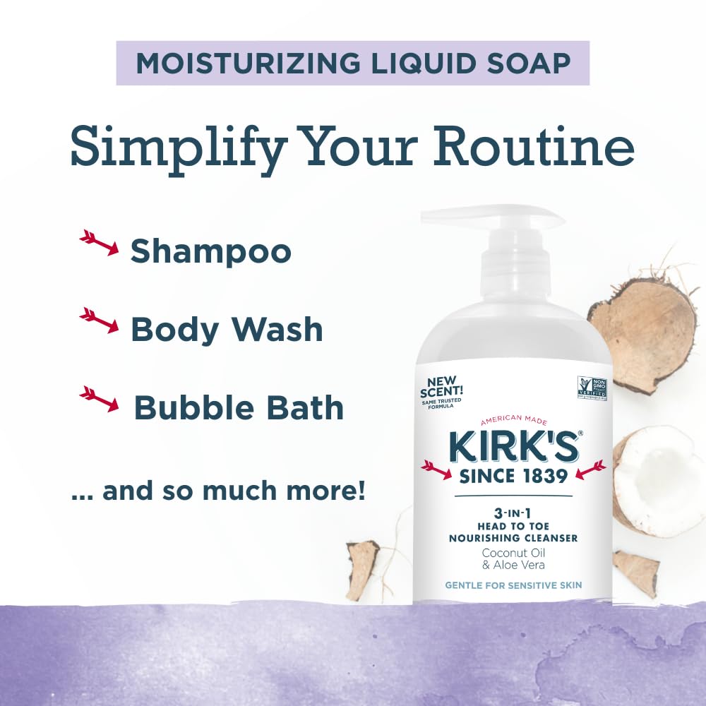 Kirks 32 oz pump bottle emphasized for convenient family-sized packaging