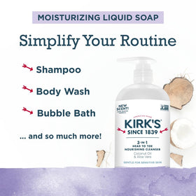 Kirks 32 oz pump bottle emphasized for convenient family-sized packaging