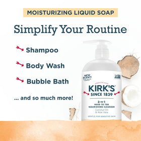Kirks 3-in-1 coconut oil and aloe vera ingredients for hydration.
